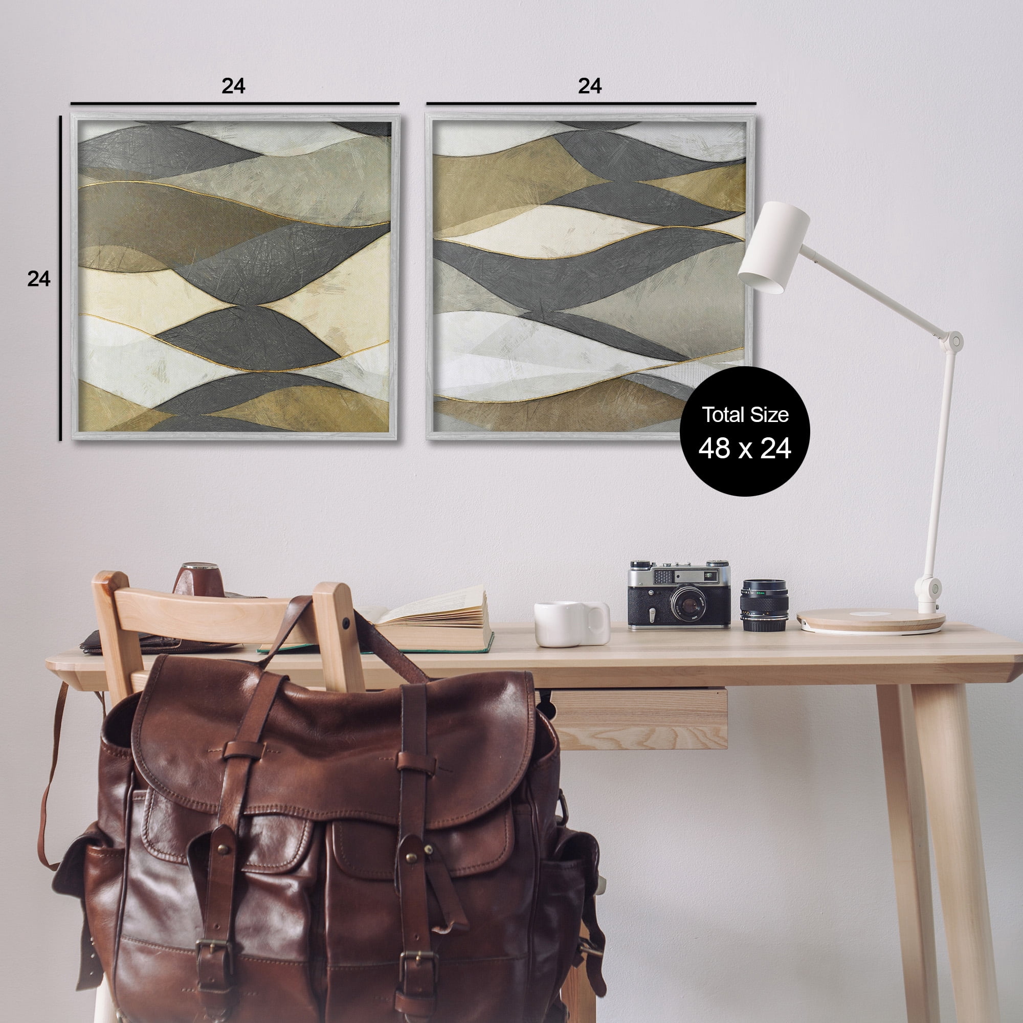 Stupell Industries Contemporary Layered Waves Abstract Painting Gray Framed Art Print Wall Art, 24 x 24, Set of 2
