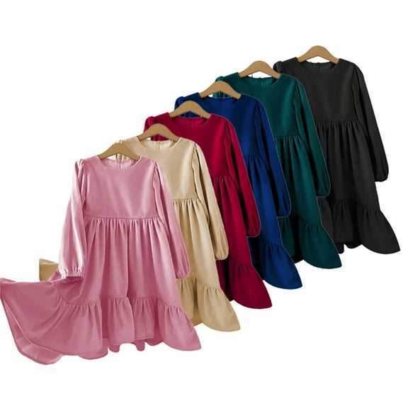 MXIEZI Kids Girls Party Princess Dresses Spring Fall Ruffle Long Sleeve Gold Velvet Dress for 7-12 Years old