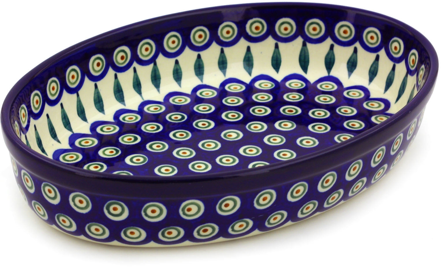 Polish Pottery 10¾-inch Oval Baker (Peacock Leaves Theme) Hand Painted
