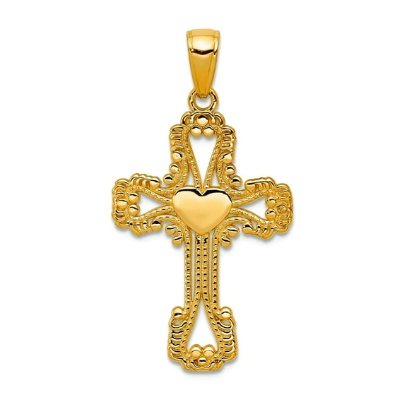 14k Yellow Gold Textured Polished Beaded Religious Faith Cross With Love Heart Pendant Necklace 34x18mm Wide Pendant for