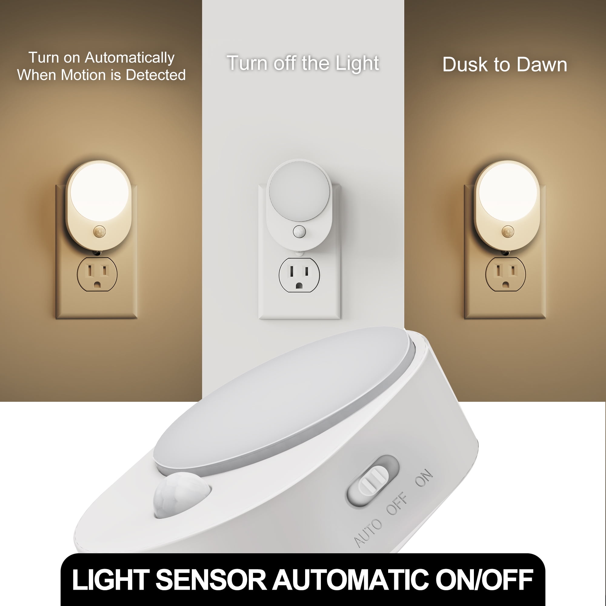 2 Pcs White Warm White 3000K Motion Sensor Oval Night Light