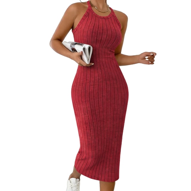 Oksale Robes Moulantes pour Femmes Sans Manches Côtelées Robe Maxi Ajustée Douce Extensible Confortable Col Ras du Cou Dos Nu Robes d'Été pour Fête de Vacances Rouge P