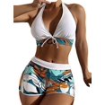 thumbnail image 1 of Traje de baño de 3 piezas para mujer Traje de baño Estampado floral Corbata Halter Top Bikini Conjunto con pantalones cortos Floral Blanco X Grande, 1 of 5
