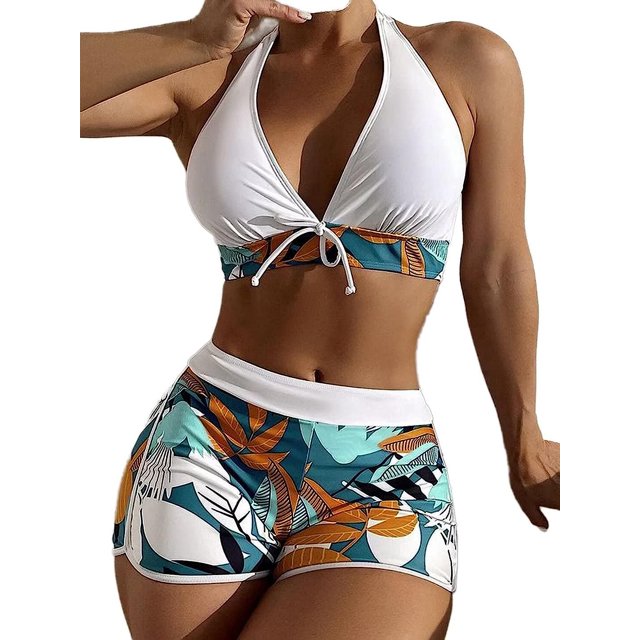 Traje de baño de 3 piezas para mujer Traje de baño Estampado floral Corbata Halter Top Bikini Conjunto con pantalones cortos Floral Blanco X Grande
