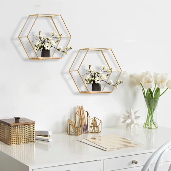 Hohaski Wall Mounted Hexagonal Floating Shelves Modern Metal Wall Shelf Simples Wood Partition Storage Shelves Wall Decor Rack for Bedroom Living Room and office