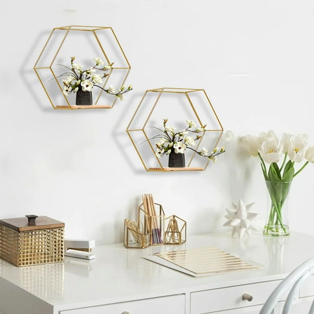 Estantes flotantes hexagonales montados en la pared | Estante de almacenamiento de partición de madera simple y metal moderno | Dormitorio Sala de estar Oficina Decoración de pared | 16,5x14,5x9,5cm