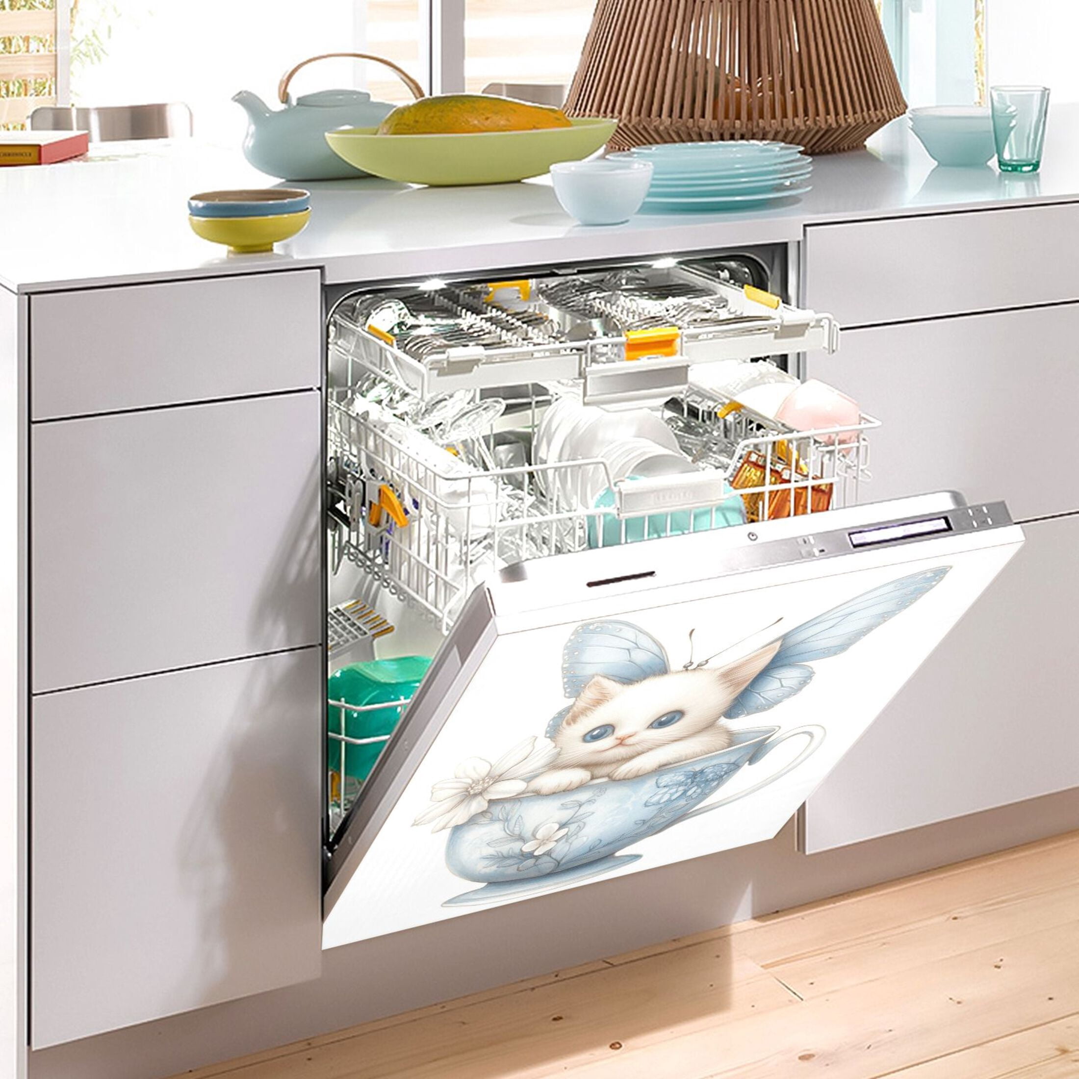 Dishwasher Magnetic Sticker 23x26 Inch Refrigerator Magnetic Sticker Washing Machine Magnetic Sticker Kitchen Panel Magnetic Sticker Home Decor Teacup Cute White Cat