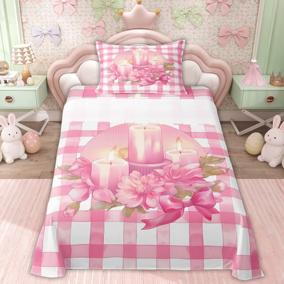 Erosebridal Happy Easter Girls Twin Sheet Sets, Pink Flower Bow Bedding, 3 Pieces