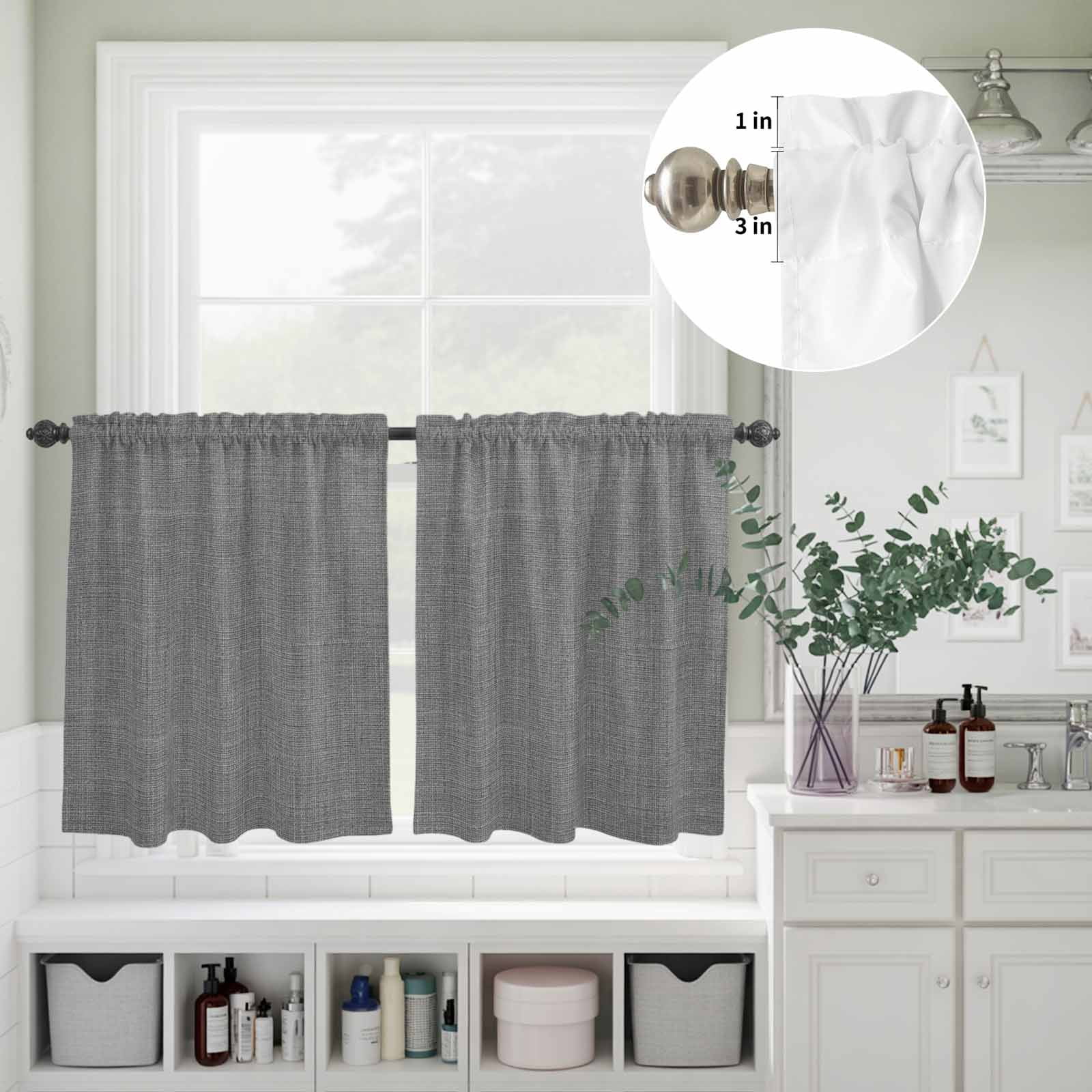 Vintage Dark Gray Kitchen Curtains Sets for Windows 36 Inch Length, Farmhouse Retro Solid Color Linen Texture Rod Pocket Window Treatments Tier Curtains and Valances Set for Bedroom/Bathroom