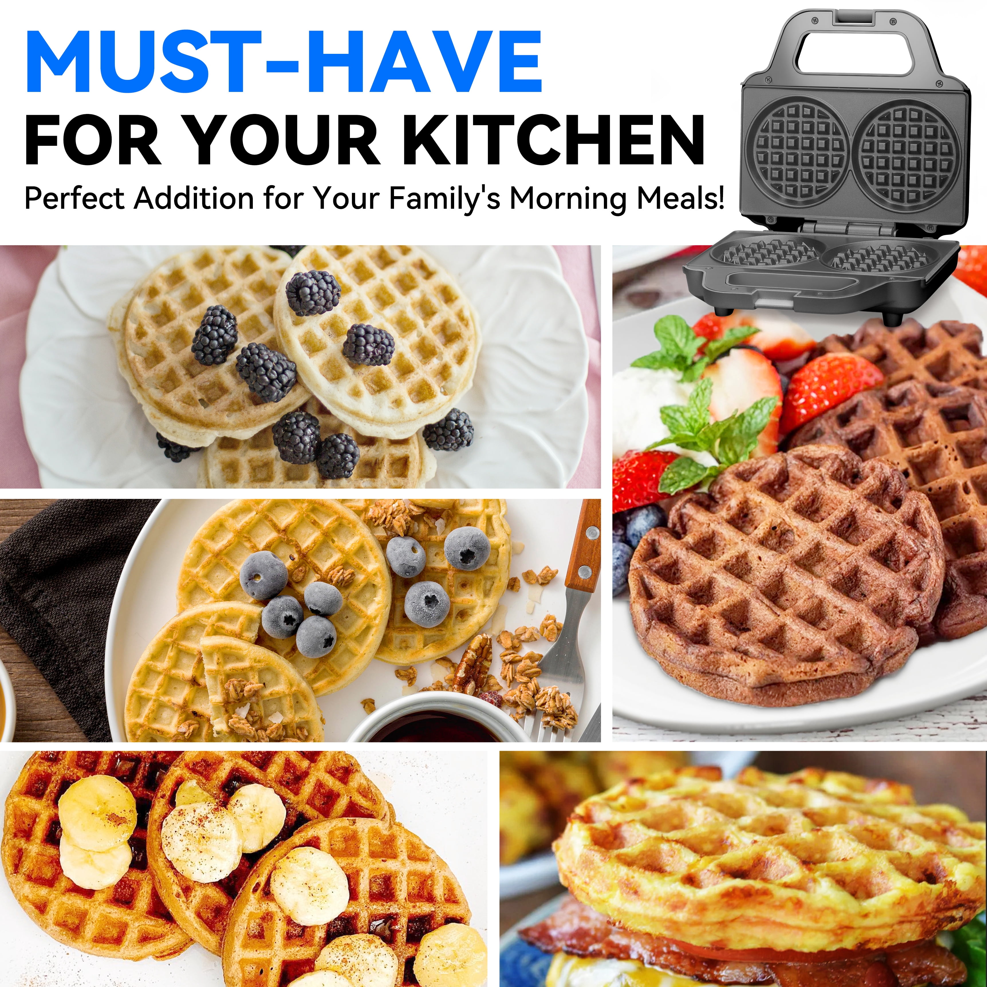 Mailand Graphite Electric Double 4-inch Round Waffle Maker with Cleaning Brush