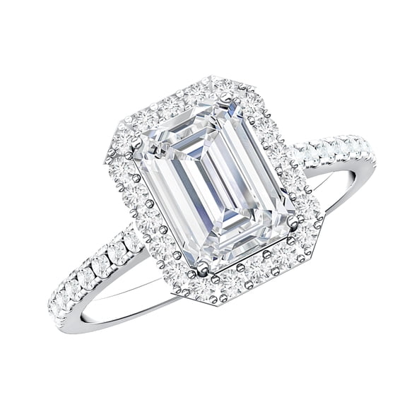 Rosec Jewels Certified Moissanite Emerald Cut Engagement Ring 2 Carat - Moissanite Halo Ring (6X8 mm, D-VS1 Quality), 925 Sterling Silver, US 4.00