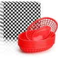 thumbnail image 1 of EUSOAR Assiettes de Panier de Restauration Rapide avec Papier Parchemin, 12 Pcs 9.4"x5.9" Paniers de Service Alimentaires Réutilisables en Plastique Rouge et 10"x11 Pouces 100 Pcs Doublures en Papier Noir&Blanc pour Restaurant, Burgers et Frites, 1 of 7