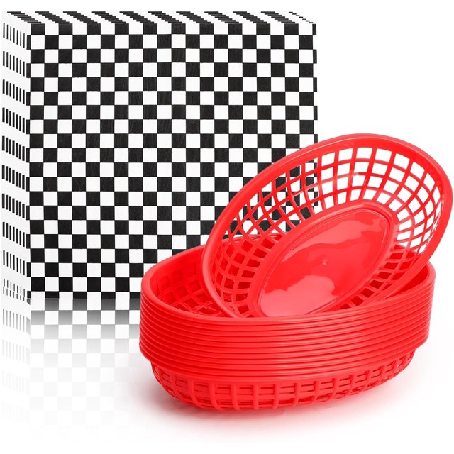 EUSOAR Assiettes de Panier de Restauration Rapide avec Papier Parchemin, 12 Pcs 9.4"x5.9" Paniers de Service Alimentaires Réutilisables en Plastique Rouge et 10"x11 Pouces 100 Pcs Doublures en Papier Noir&Blanc pour Restaurant, Burgers et Frites