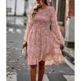 thumbnail image 3 of Vestido de manga larga para mujer, cuello redondo, vestido suelto, estampado a media cintura, falda informal elegante para mujer, marrón XL, 3 of 8