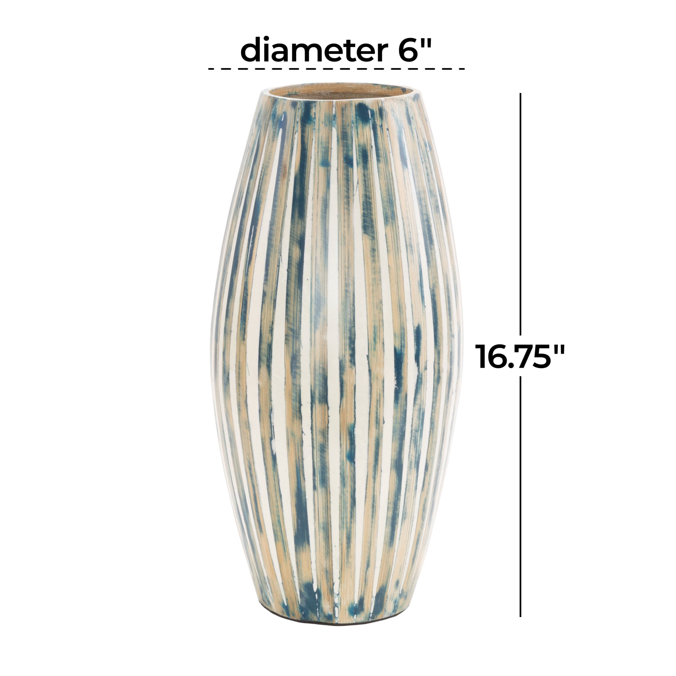 DecMode 17" Brushed Blue Bamboo Wood Vase with Cream Accents and White Stripes