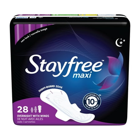 Stayfree Maxi Pads with Wings, Unscented, Overnight, 28