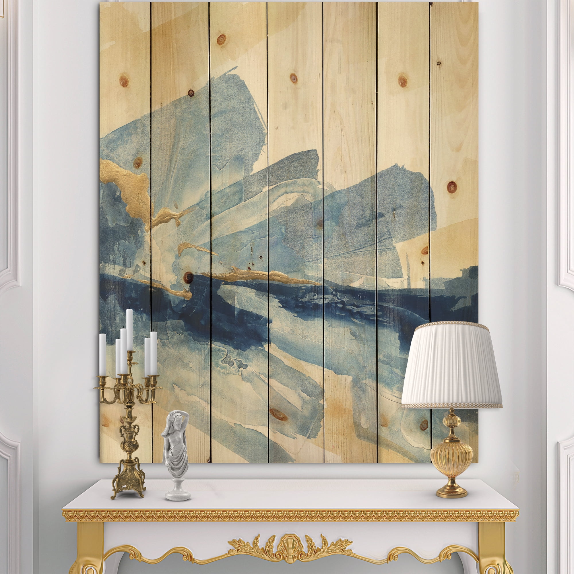 Designart 'Gold Metallic Indigo I' Modern Glam Print on Natural Pine Wood