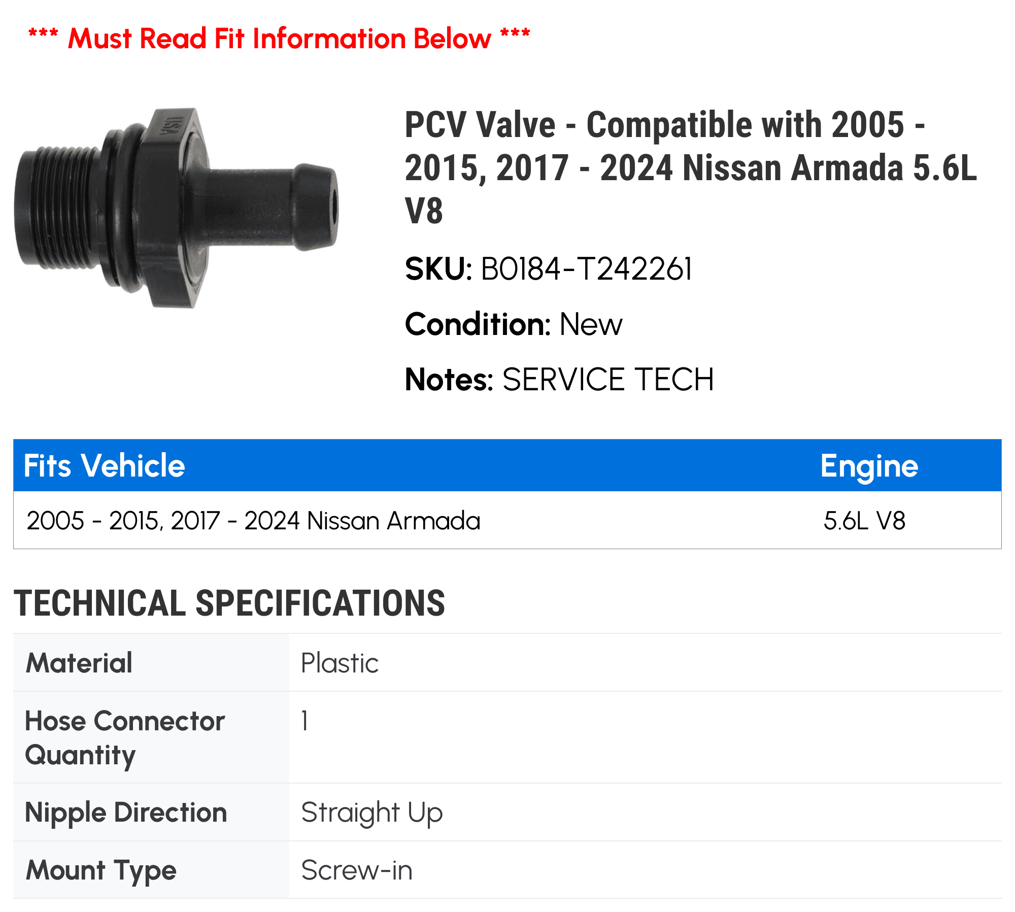 PCV Valve - Compatible with 2005 - 2015, 2017 - 2024 Nissan Armada 5.6L V8 2006 2007 2008 2009 2010 2011 2012 2013 2014 2018 2019 2020 2021 2022 2023