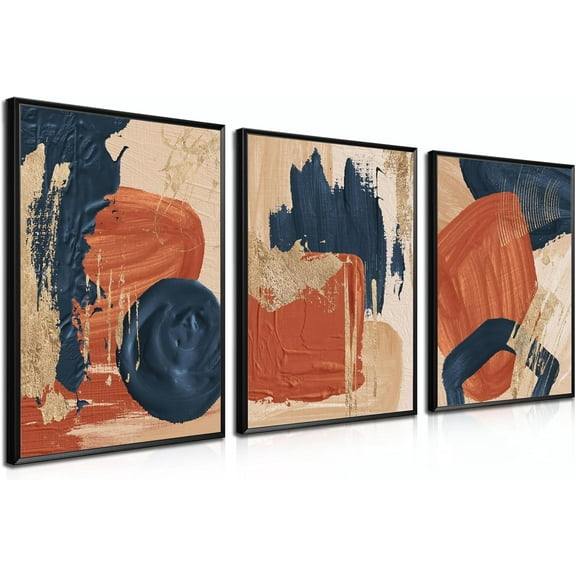 Hieng Mid Century Abstract Canvas Wall Art Set of 3, Terracotta Navy Blue and Orange Boho Wall Decor Posters Prints, Minimalist Wall Art Painting for Living Room Bedroom Office