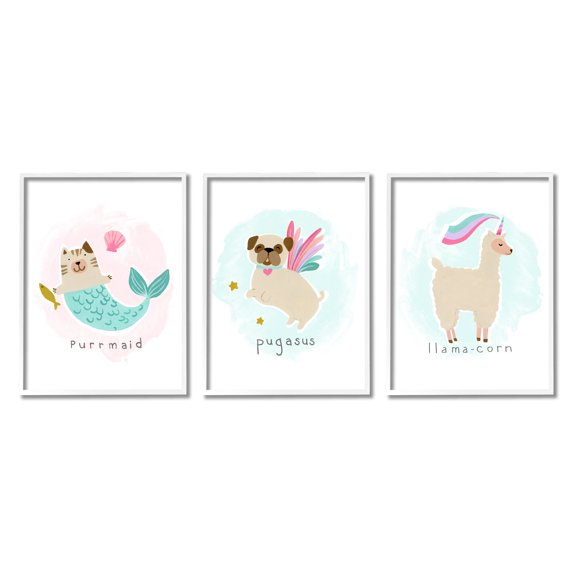 Stupell Industries Whimsical Mythical Animals Creatures Cute Cartoon Style Graphic Art White Framed Art Print Wall Art, Set of 3, Design by June Erica Vess
