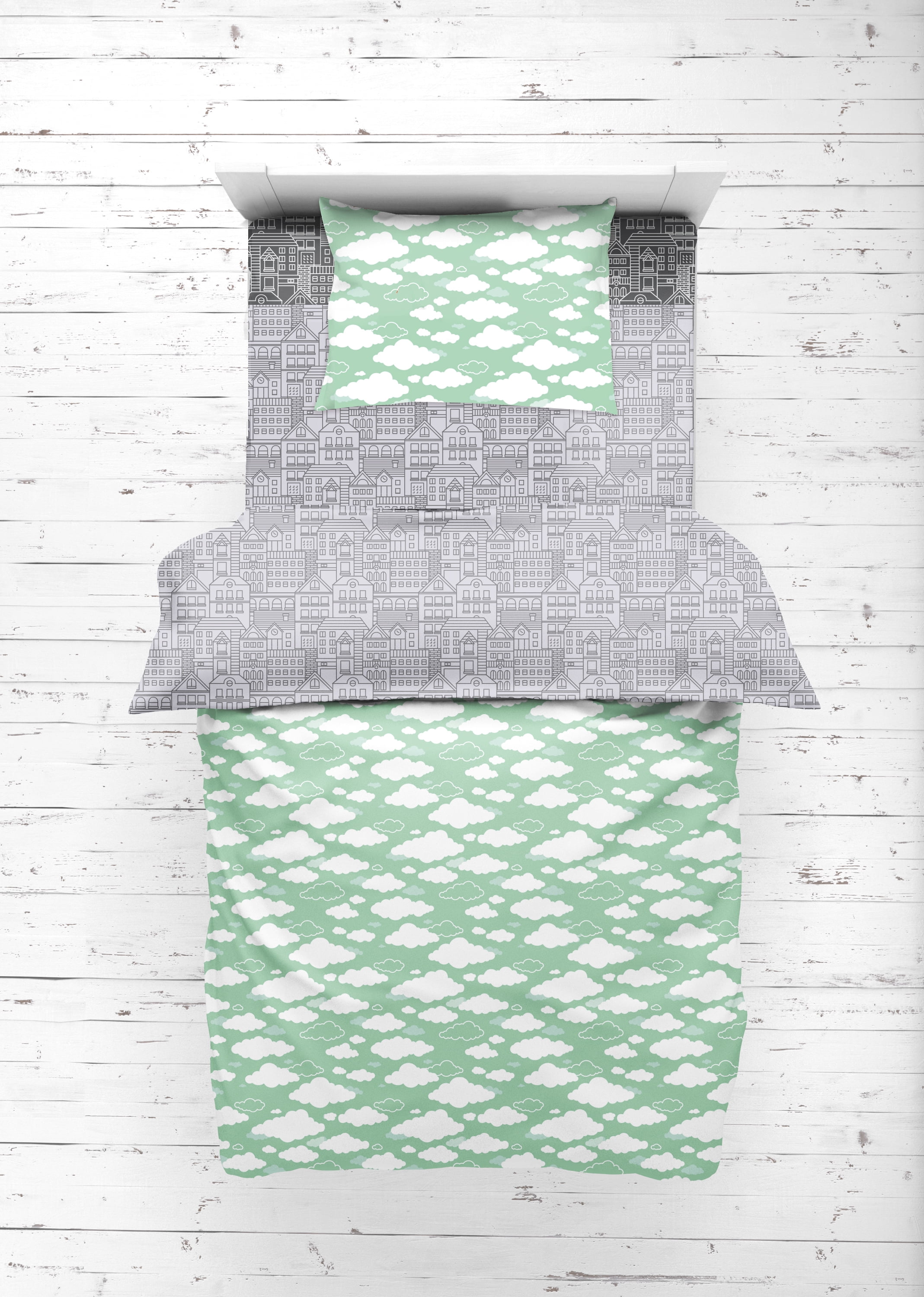 Bacati - Clouds in the City Mint/Grey 3 pc Toddler Bedding Sheet Set