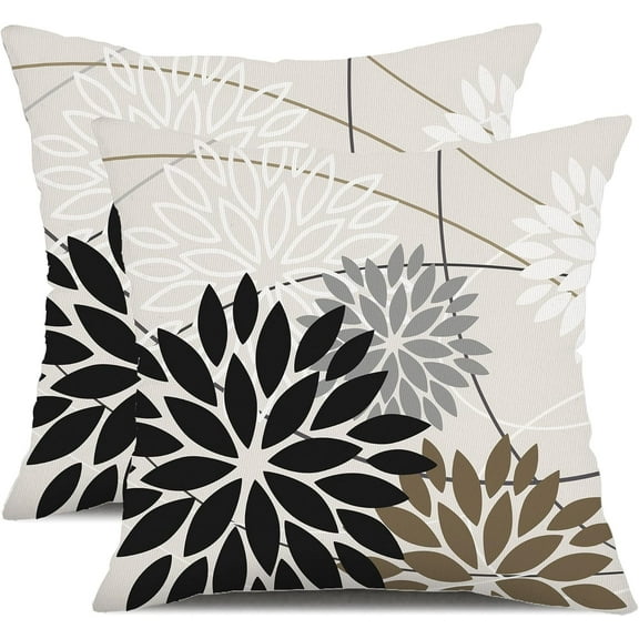 Black Brown Outdoor Pillow Covers 16x16 Inch Set of 2 White Gray Flower Throw Pillows Farmhouse Outdoor Modern Floral Polyester Square Cushion Case Decor for Sofa Patio Funiture Garden 01A16