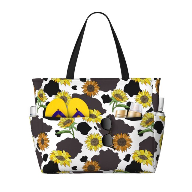 Disketp Black Cow Sunflowers Bolsa de Playa de Gran Capacidad, Bolso Impermeable y a Prueba de Arena para Mujer, Ideal para Playa, Piscina y Natación