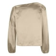 thumbnail image 5 of Olyvenn Stylish Women's Asymmetrical Neck Long Lantern Sleeve Ruched Blouse Work Office Top Y2K Off The Shoulder Top Satin Blouses for Women Beige 4, 5 of 6