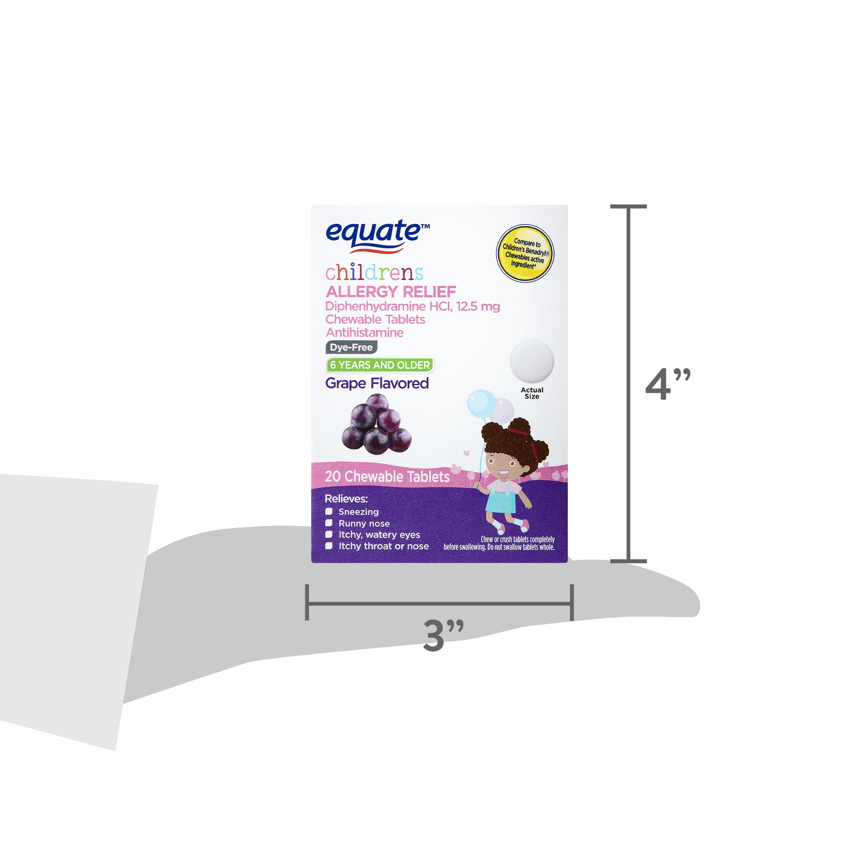 Equate Children's Allergy Relief Diphenhydramine HCl Antihistamine Chewable Tablets, Grape Flavor, 12.5 mg, 20 Count