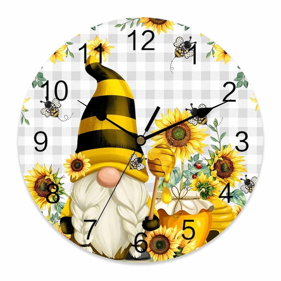 Wall Clock Gnome Honey Bee Clocks PVC Silent Non-Ticking Battery Operated Decorative Sunflower Grey Buffalo Plaid Round Clock for Home Living Room Kitchen Bedroom Office School Wall Decor 14 Inch