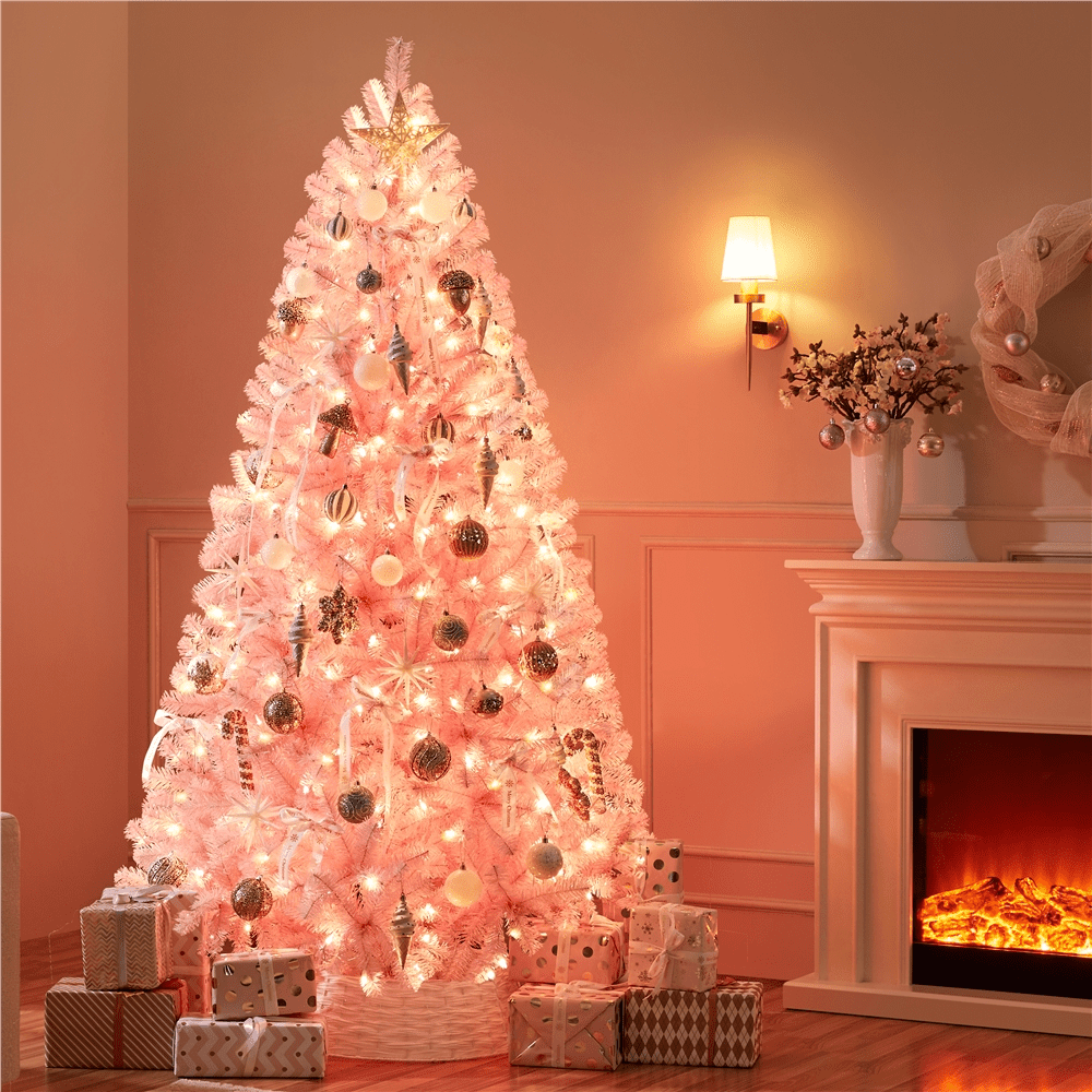 Alden Design 7.5Ft Pre-lit Artificial Christmas Tree with Foldable Stand, Pink