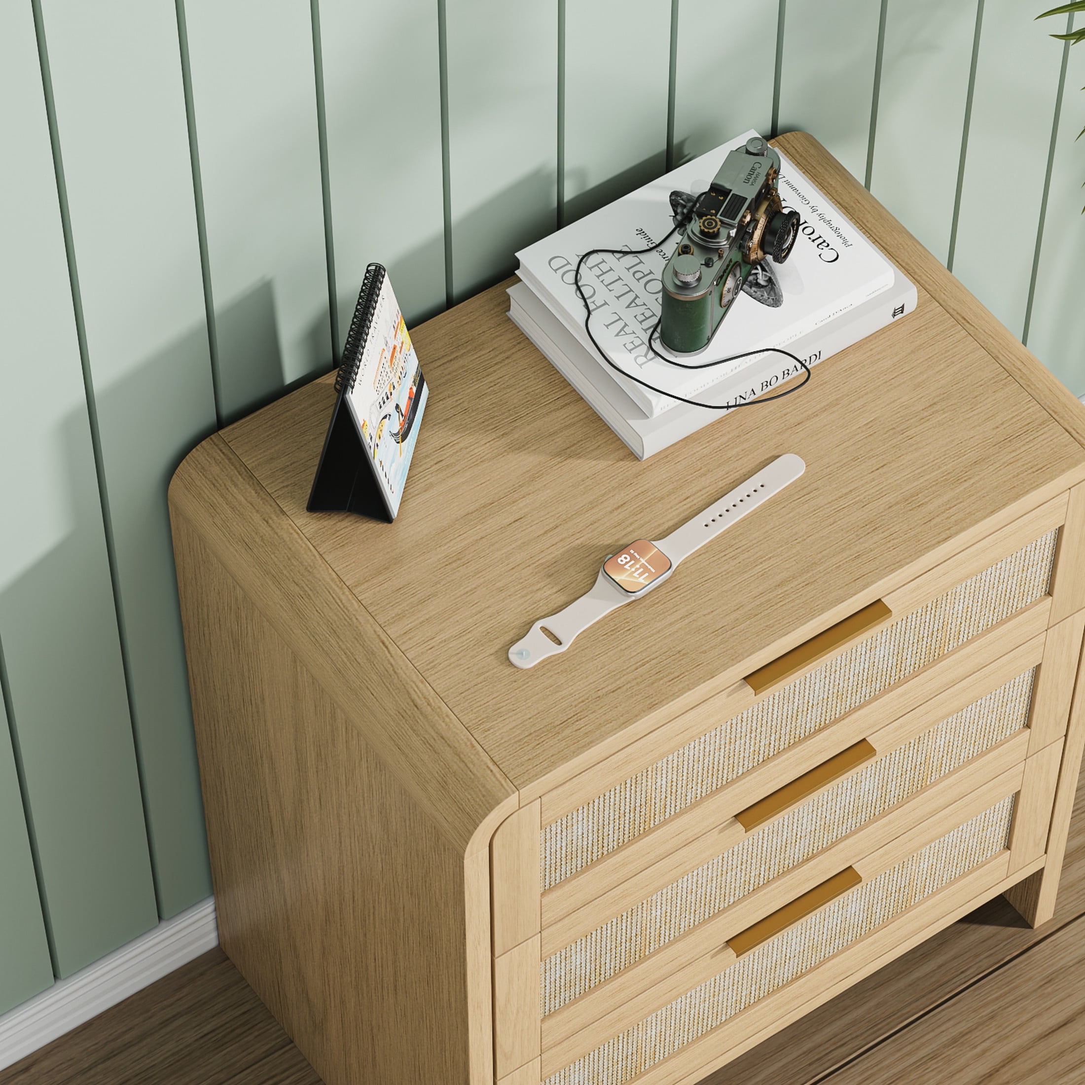 Noble House Felix 23" Rattan Wooden Nightstands, 3-Drawer Curved Bedside Tables with Gold Handles, Oak