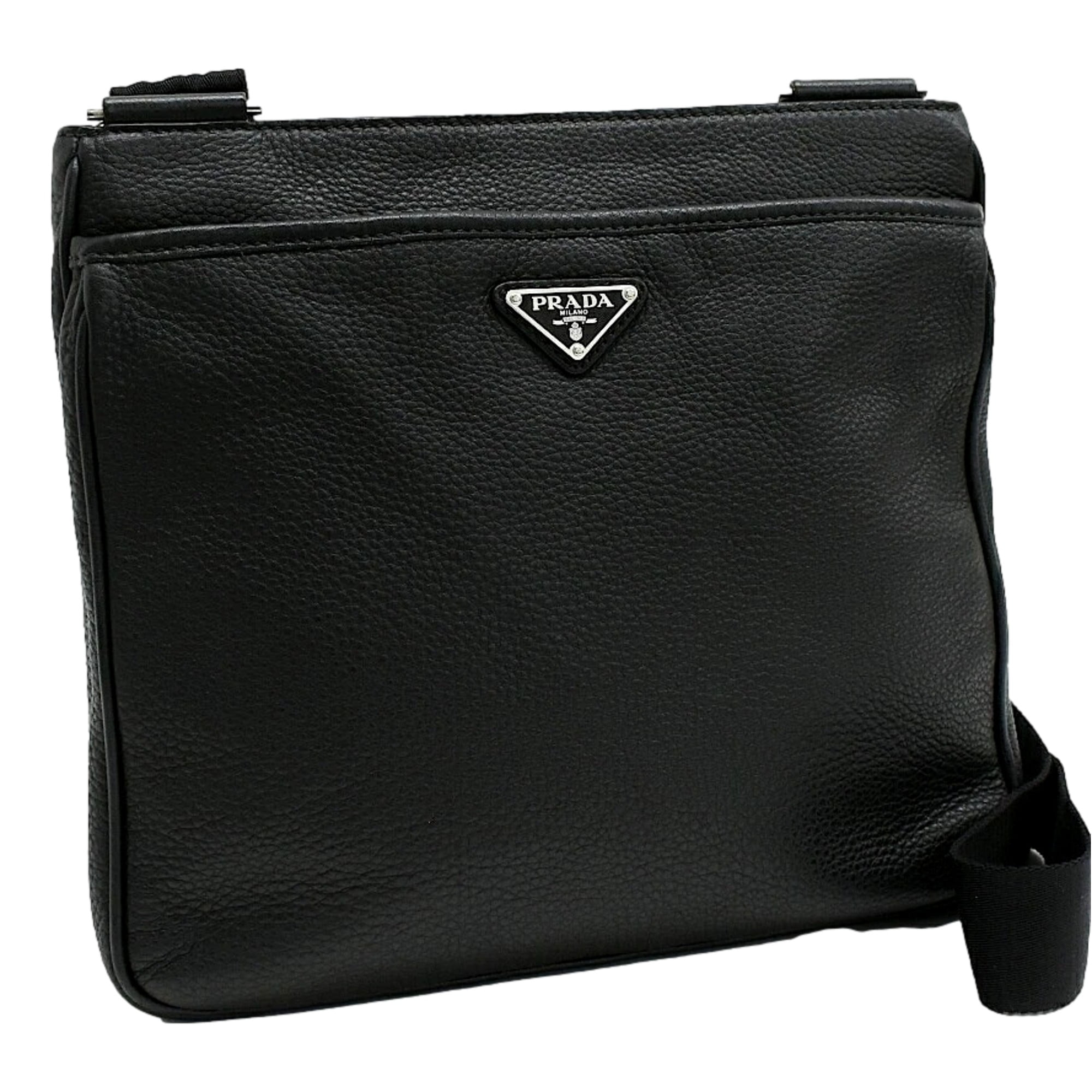 Prada Vitello Phenix Black Leather Web Strap Crossbody Bucket Bag