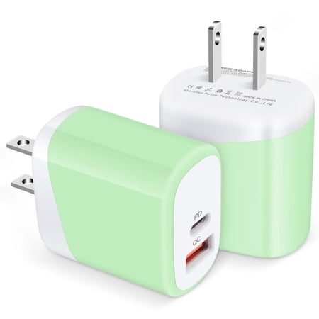 USB C Block Charger 2PCS ABCPOW 20W PD Type C Charger Block QC3.0 Dual USB Wall Charger Adapter Plug USB C Brick Power Delivery Fast Charge Quick Charging Charger Block Light Green