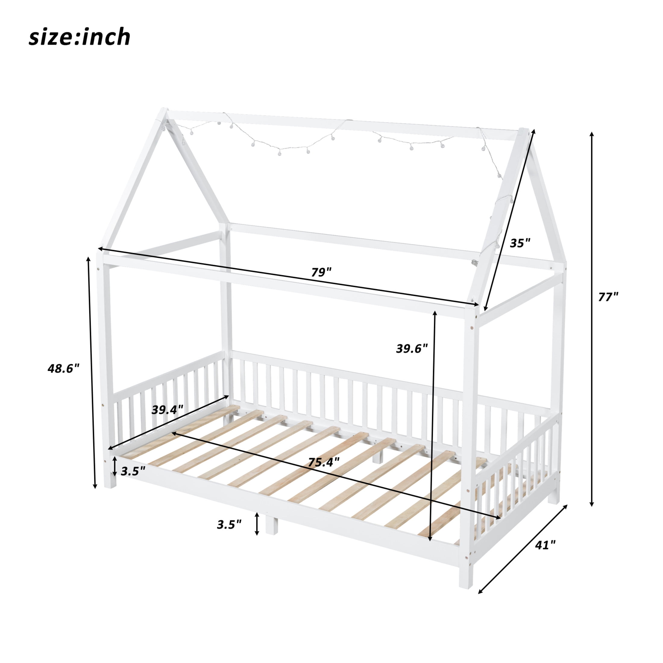 Noble House Auburn Twin Size Wood House Bed with Integrated Guardrail and LED Lights, Sturdy 4-Poster Play Bed, White