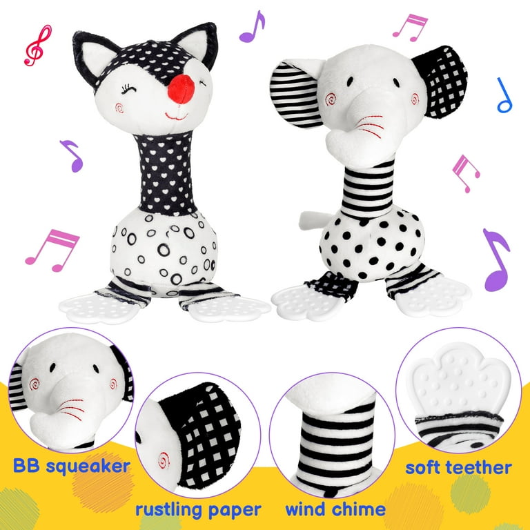 sixwipe 2 Pcs Baby Sensory Rattle Toys 0-6 Months, High Contrast Black and  White Soft Plush Rattle Shaker with Teether, Newborn First Rattle Animal