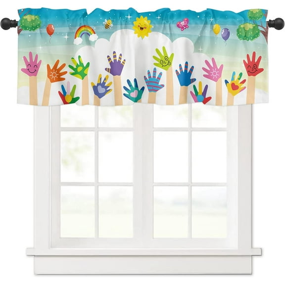 Children''s Day Curtain Valance for Windows/Living Room/Kitchen/Bathroom/Farmhouse, Kids Cartoon Handprint Bee Sun Rainbow Short Rod Pocket Tier Curtain Window Treatment, 1 Panel 54x18