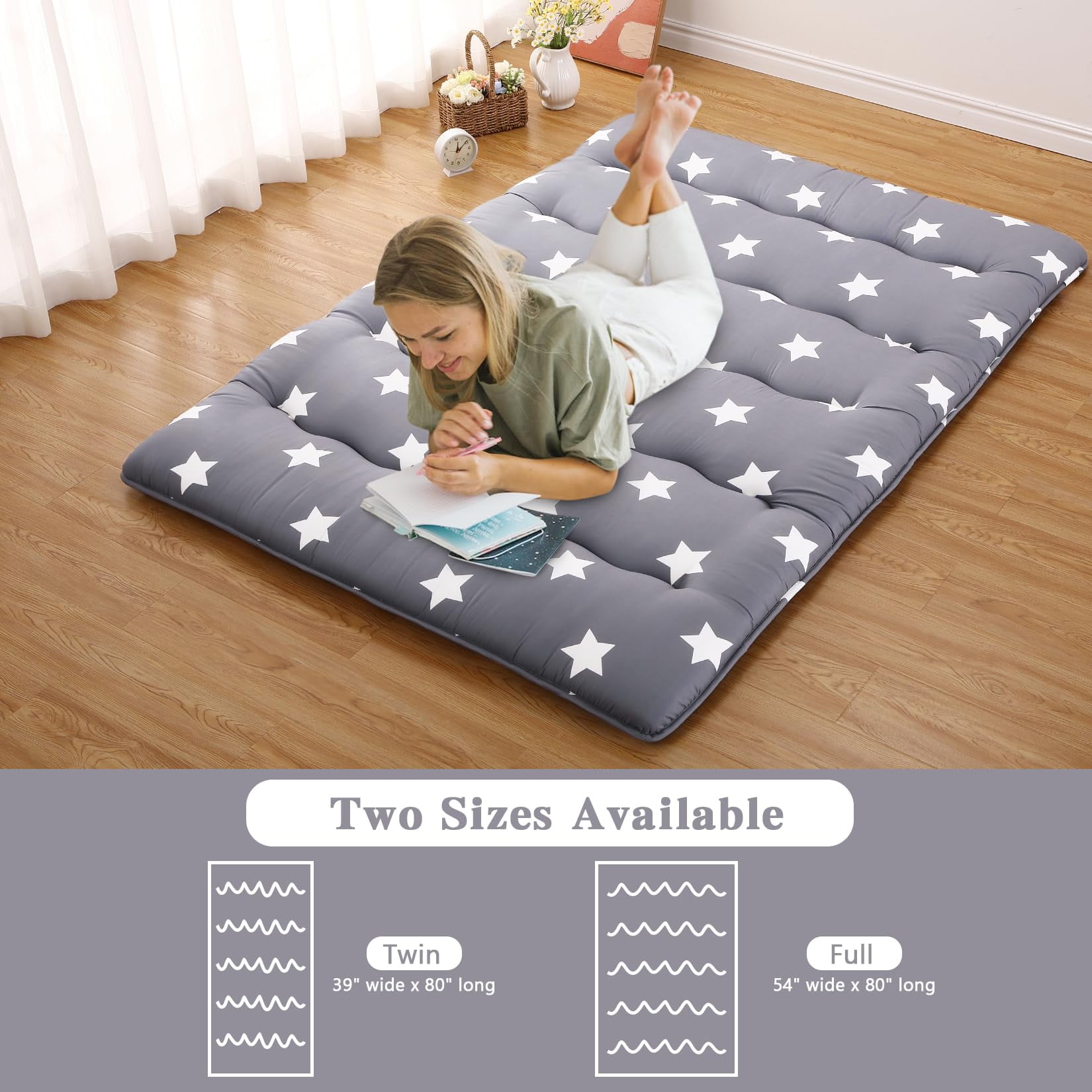 Huisuilinss Japanese Floor Mattress,Full Size Futon Mattress,Twin Size Tatami Mat,Floral Pattern Foldable Roll Up Mattress,Sleeping Pad,Dormitory Mattress Floor Bed For Camping Travel Guest Room
