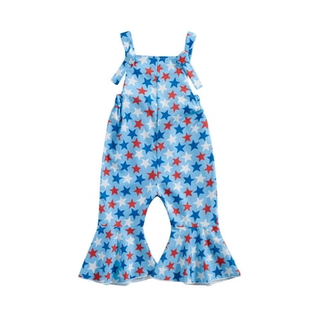 

jaweiwi Kid Toddler Girl 4th of July Romper 6M 12M 18M 24M 2T 3T 4T Independence Day Sleeveless Star Striped Print Long Bell-Bottoms Pants Jumpsuit