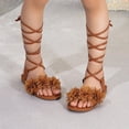 thumbnail image 6 of Owordtank Girls Lace Up Gladiator Sandals Ruffle Trim Strappy Flat Sandals Casual Tie Up Ankle Strap Sandals, 6 of 8