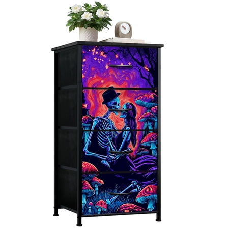 Dresser for Bedroom with 4 Storage Drawers Skull Couple Mystical Forest Mushrooms Vibrant Sky Dressers Chest of Drawers Steel Framed Fabric Closet Organizers for Dorm Entryway End Table