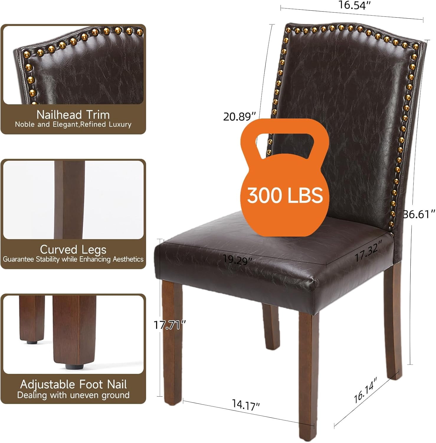 QUIOCOZY Upholstered Parsons Dining Chair, Faux Leather Dining Room Chair with Solid Wood Legs and Nailhead Trim, Side Chair for Hotel, Restaurant, and Meeting Room, Set of 2, Dark Brown
