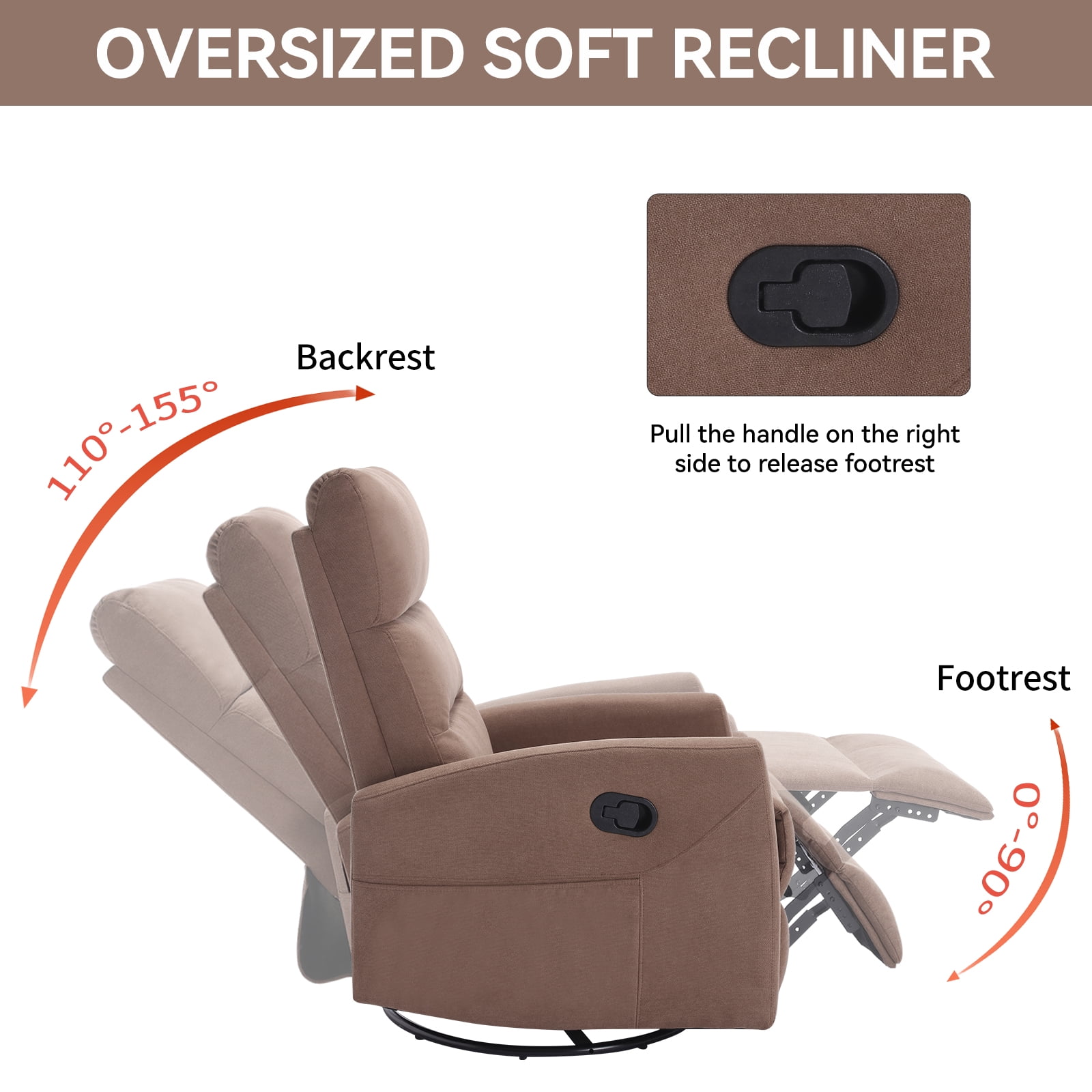 Aukfa 360° Swivel Manual Recliner Chair, Overstuffed Nursery Glider Chair for Living Room, Brown