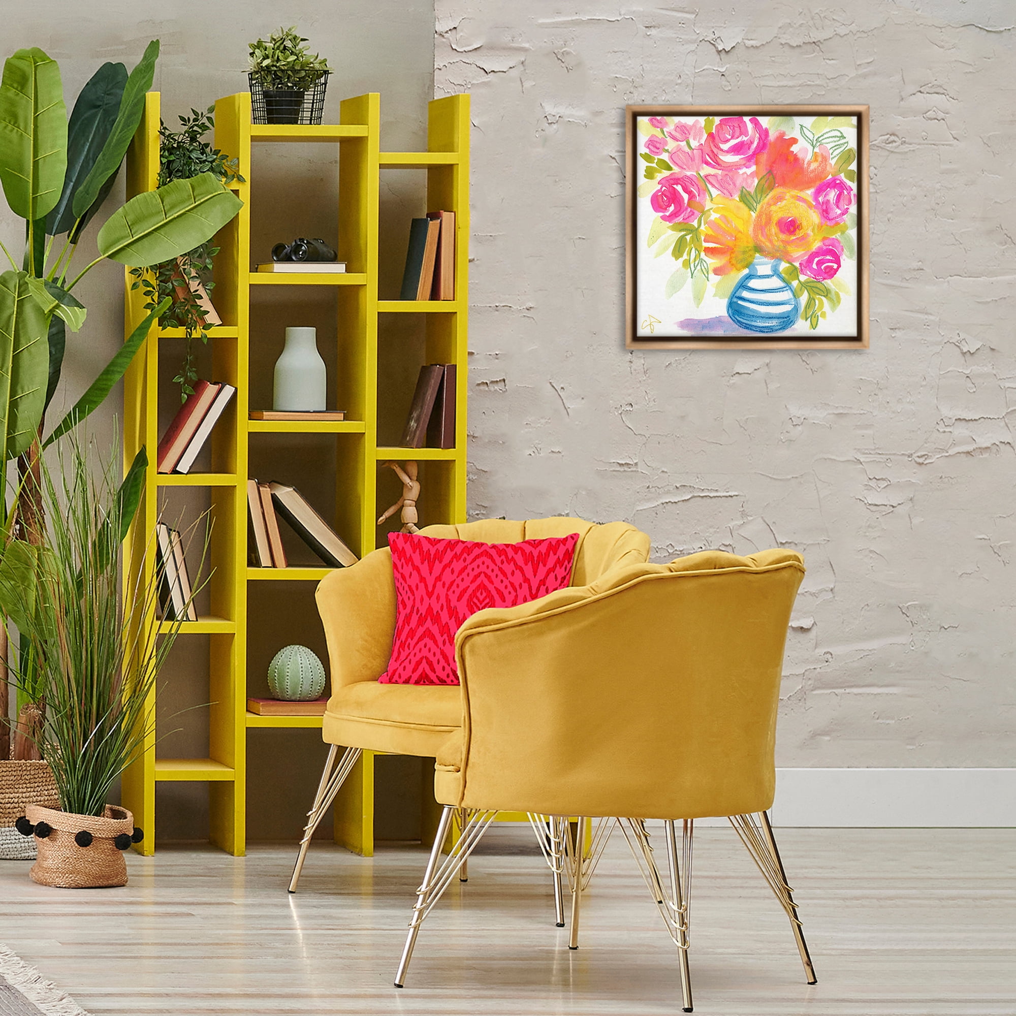 Stupell Industries Pink & Yellow Bouquet Plants & Flowers Painting Brown Floater Framed Canvas Art Print Wall Art, 18 x 18