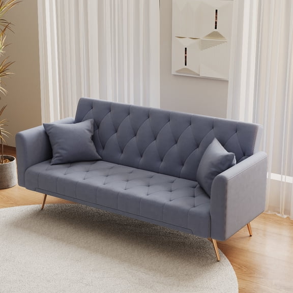 Oufan 71" American Convertible Sofa, Velvet Loveseat with Adjustable Backrest & Metal Legs, 2-Seater Couch for Living Room, Apartment, Gray