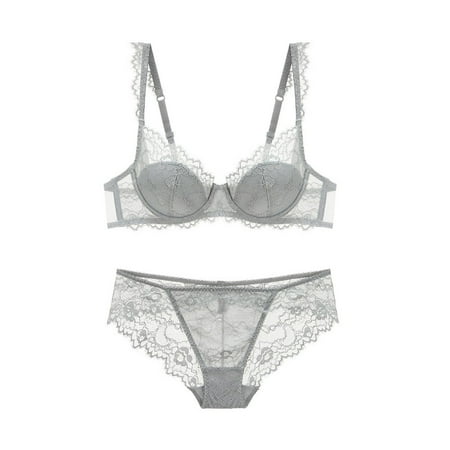 WIZUTIZ See Through Lingerie Set 2pcs Bralette Underwear Corset Thin Sponge Transparent Bra With Large Chest&Small Lace Women s SexyGather And Lift For Breathabi