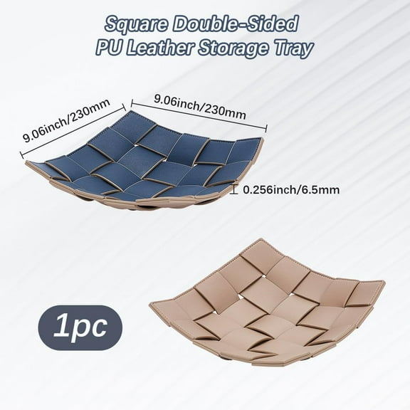 PU Leather Key Holder Bowl Square Double-Sided Storage Tray for Entryway Table Bedside Nightstand Desk Catchall Organizer Tray (Blue Brown