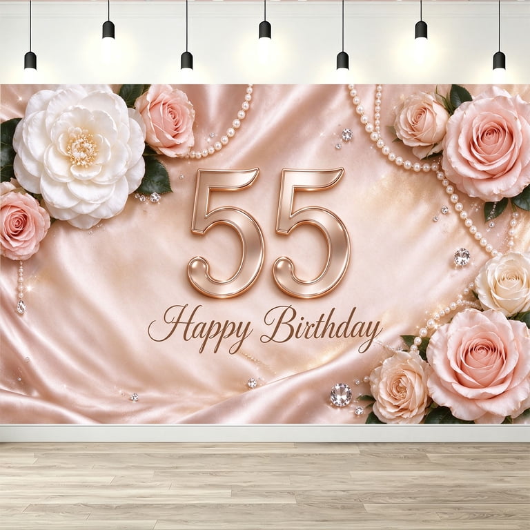 Pink Roses With Perlas 55th Happy Birthday Backdrop Pink White Rose Pearl Diamond Birthday ...