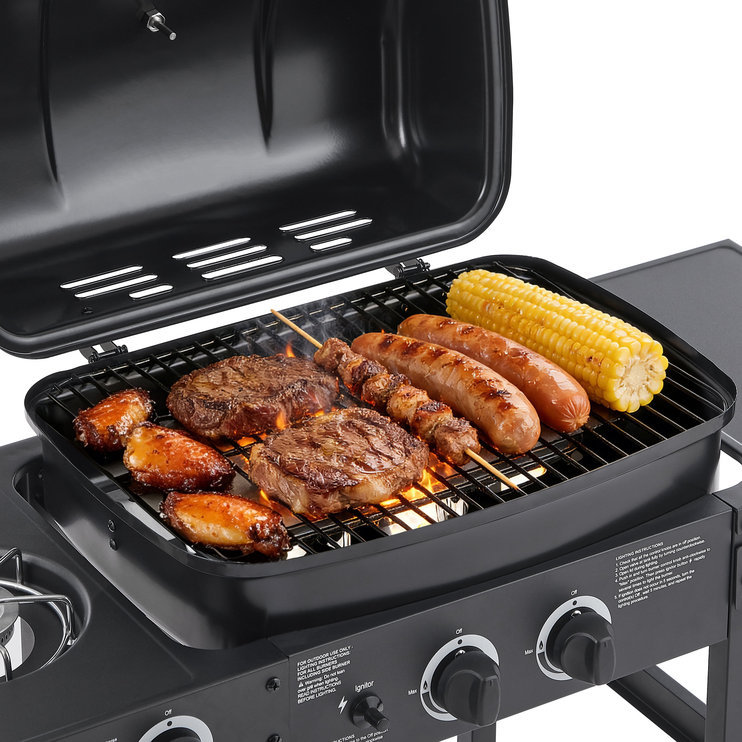 YIYADO 2-Burner BBQ Propane Gas Grill with Side Burner and Enamel Grill and Side Table, Stainless Steel Grill, Black, 24000 BTU