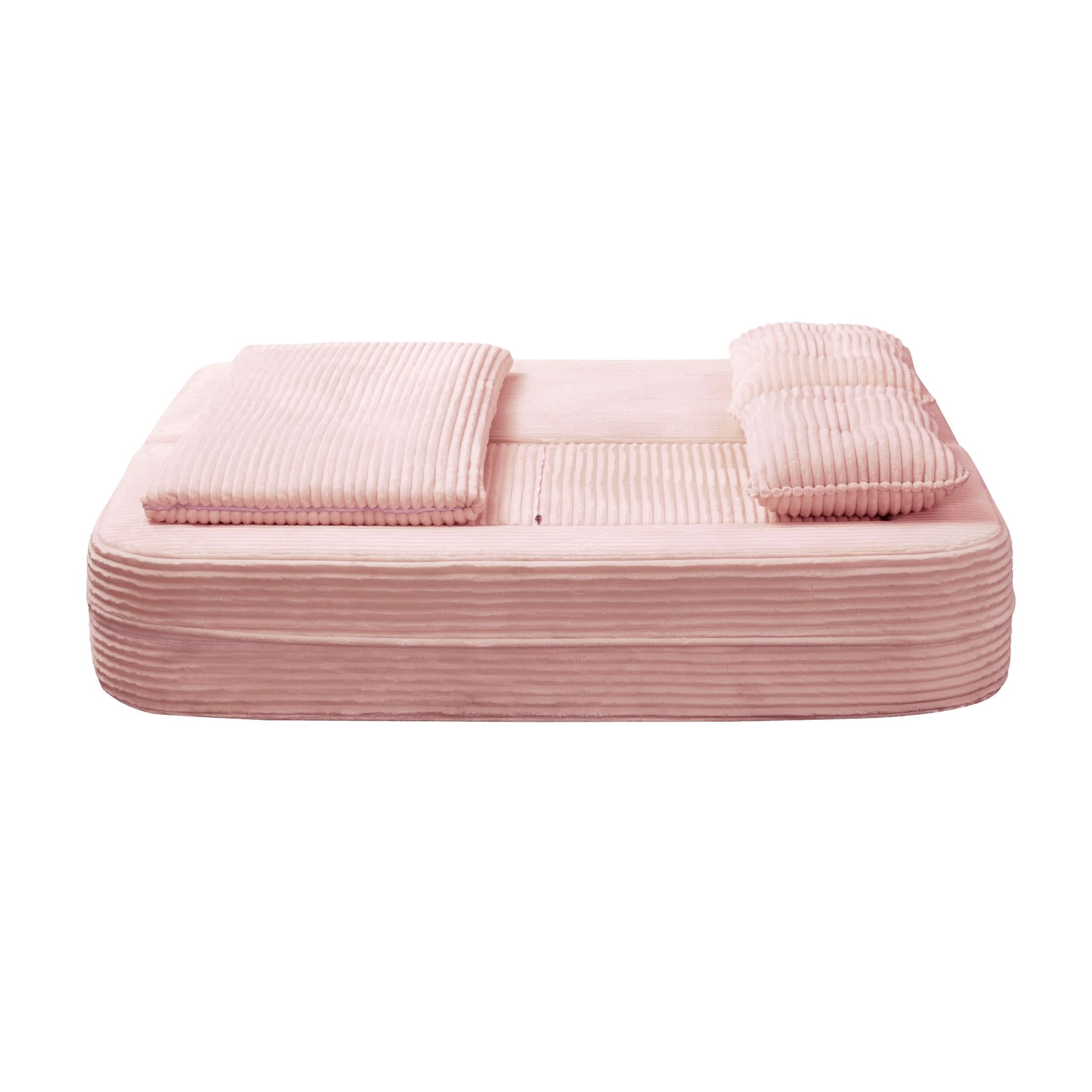 Noble House 80" Convertible Sectional Sofa Bed, Plush Corduroy King Size Sleeper with Chaise, Living Room, Baby Pink